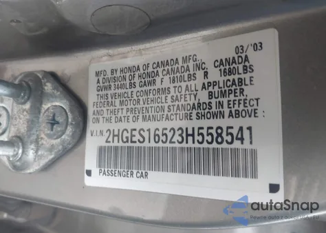 2003 Honda Civic Lx из США, поврежденный, VIN 2HGES16523H558541